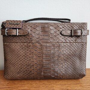 COACH EMBOSSED BROWN LEATHER CLUTCH WITH SNAKESKIN OR PYTHON PATTERN .